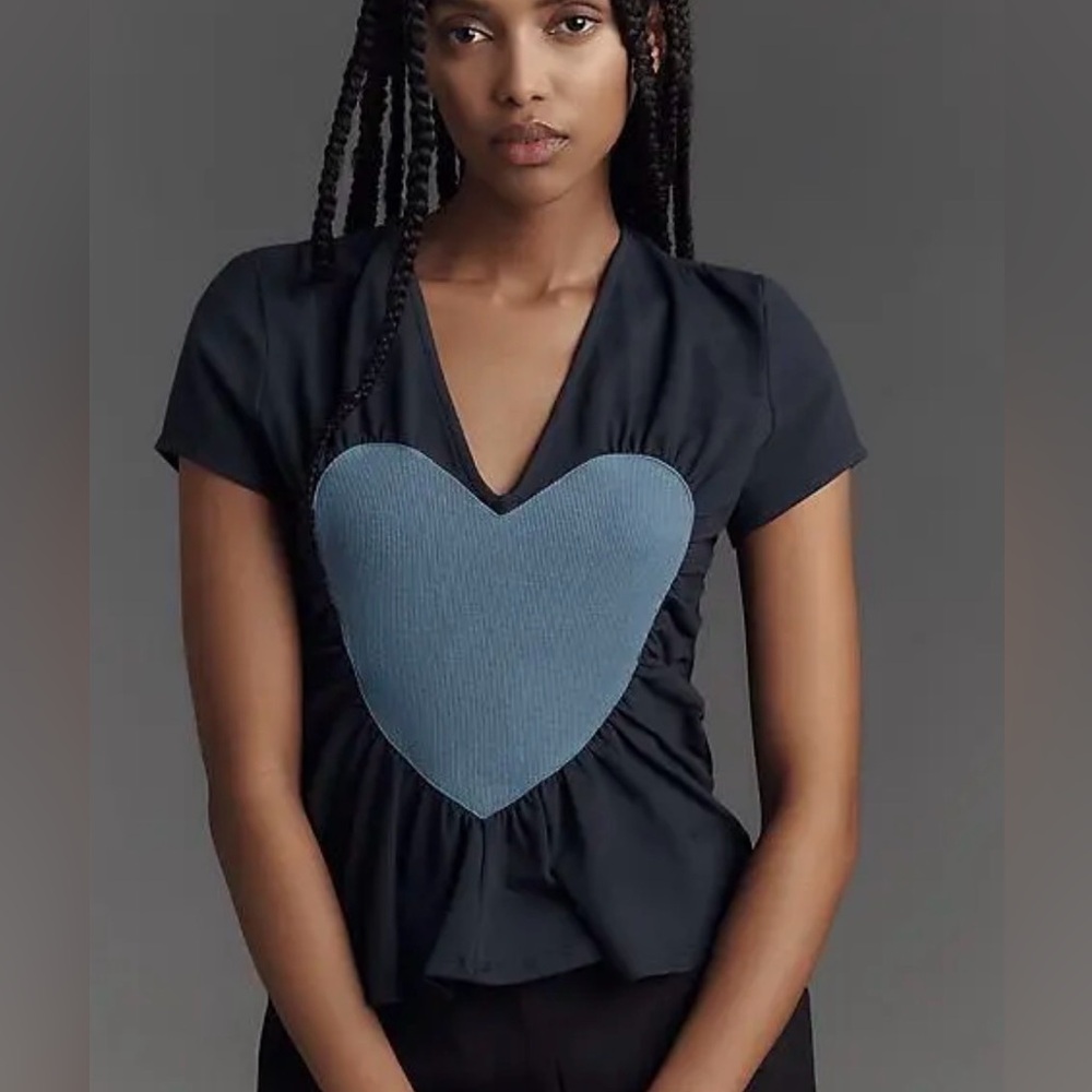 Maeve Anthropologie heart navy T-shirt spring XXS